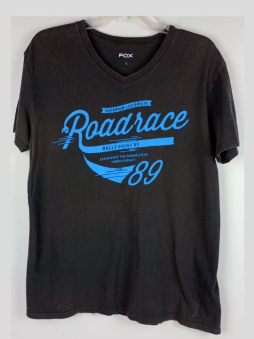 Fox Mens L Gray Blue Superior Locomote Roadrace Rally Point 89 Graphic Tshirt